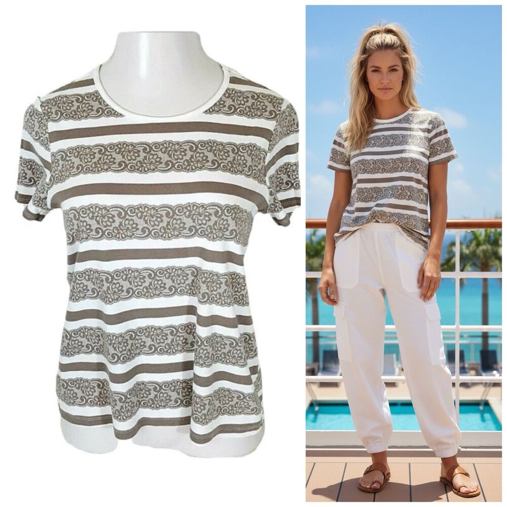 White Stag Top Womens Large Lace Print Tee Tan White Work Office Business Casual